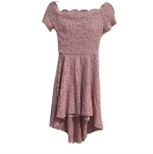 City Studio Pink Dusty Rose Lace HiLow Dress Fit Flare Off Shoulder size 1